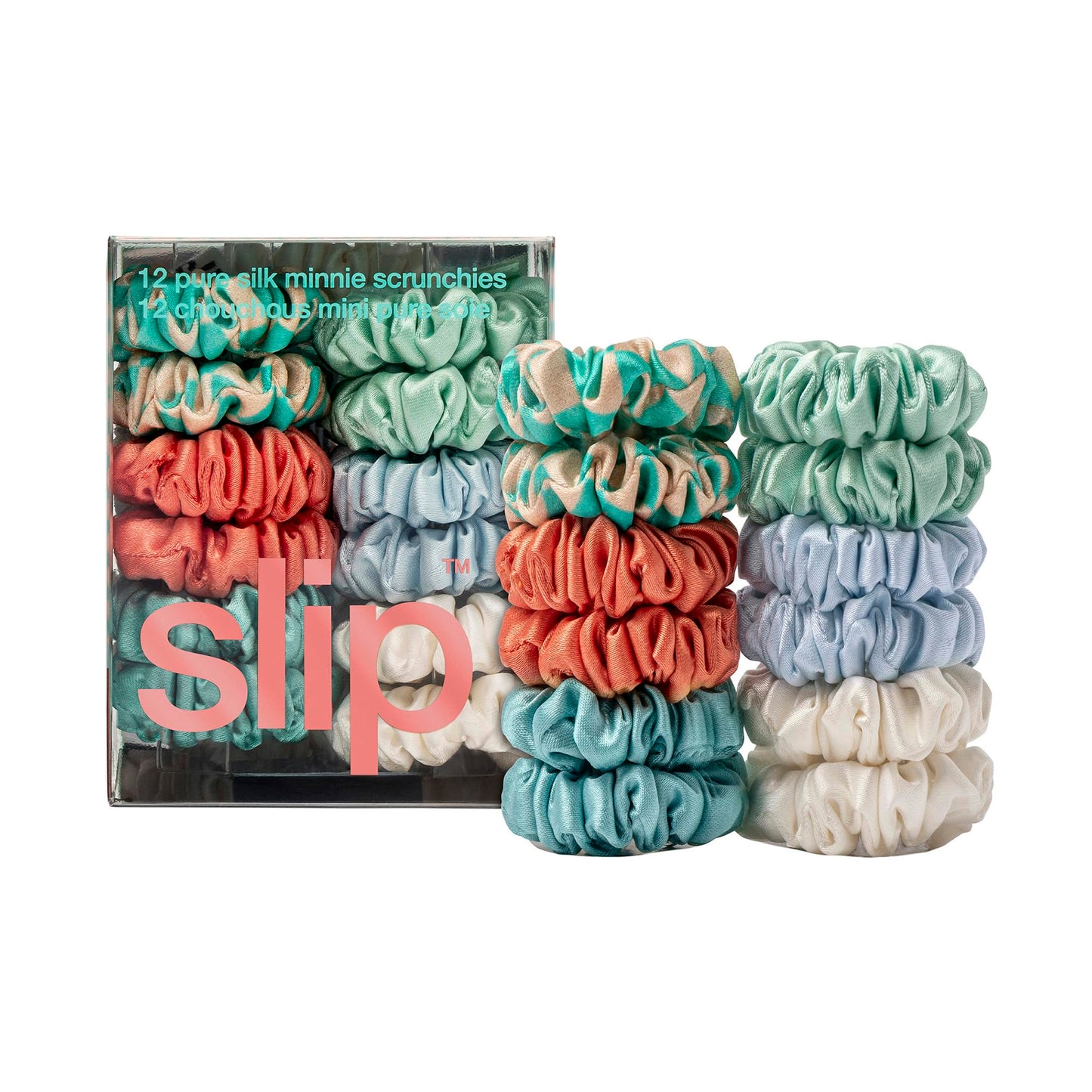 Slip Silk Minnie Scrunchies - Seaside - 100% 22 Momme Mulberry Silk Elastic Hair-Friendly Scrunchies Set for Women (12 Luxurious Scrunchies)